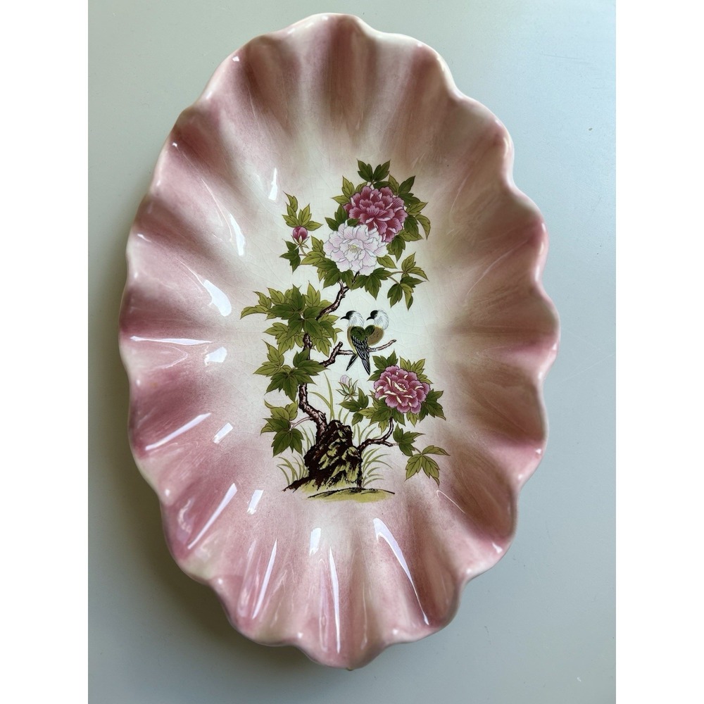 Vintage Scalloped Serving Trinket Dish Birds Pink Coastal Tropical Vanity Tray